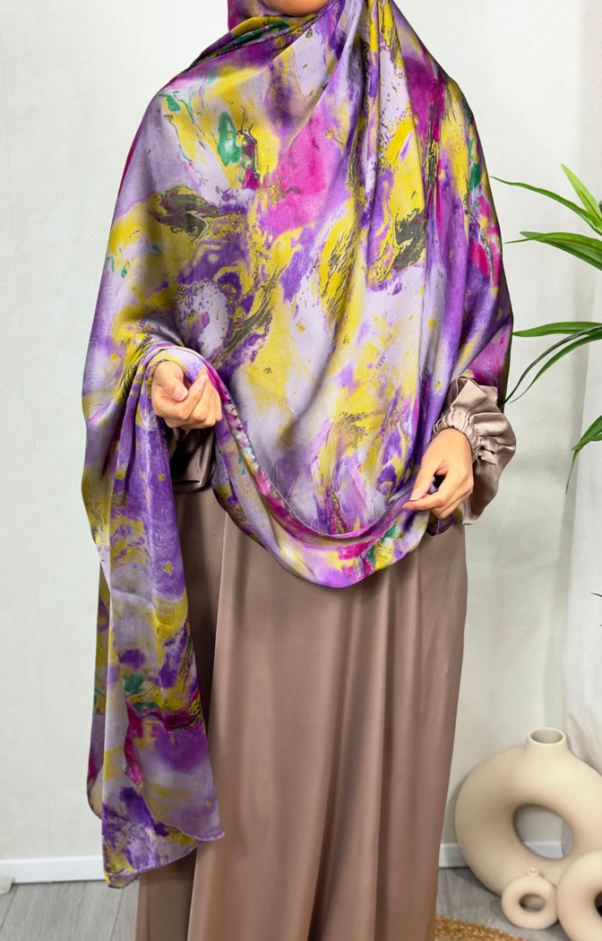 NEW XL Alcohol Ink Satin Chiffon Scarf – Yellow and Purple Hues