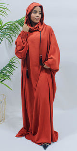 Orange red one-piece hooded prayer abaya with double hood, shown front-on