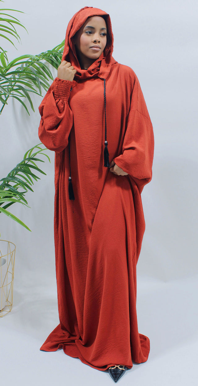 Orange red one-piece hooded prayer abaya with double hood, shown front-on