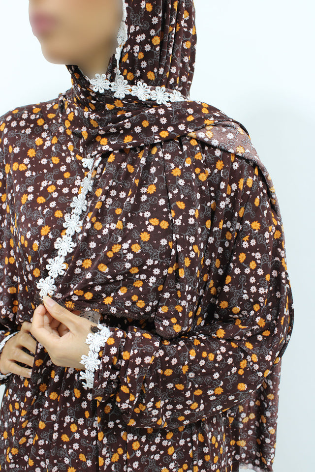 Chocolate lace trim floral prayer dress with attached hijab, front view