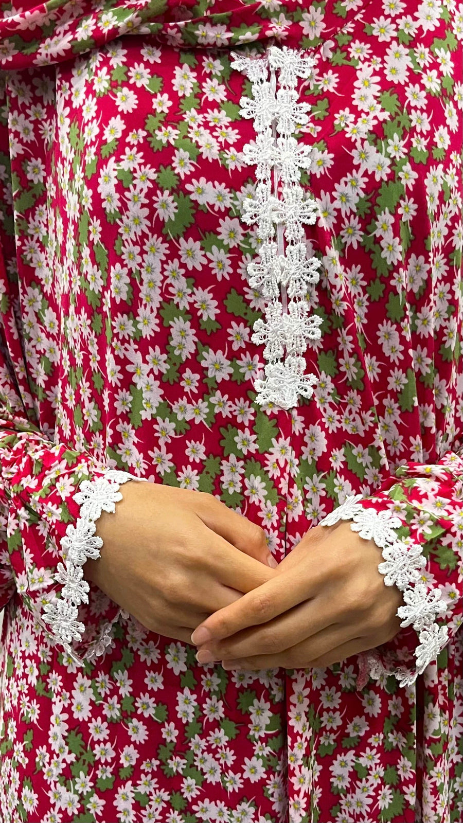 Crimson red lace trim floral prayer dress with attached hijab, front view