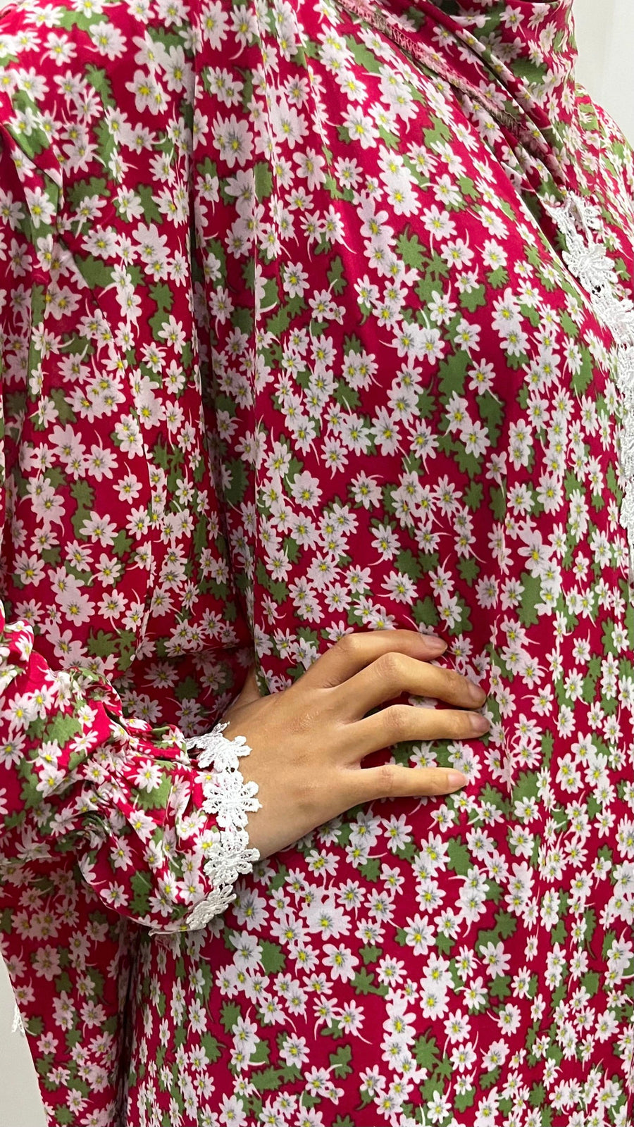 Crimson red floral prayer dress showing the attached hijab and full length