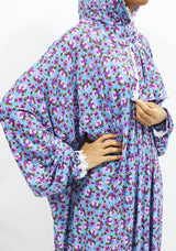 Light blue lace trim floral prayer dress with attached hijab, front view