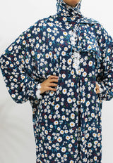 Navy floral lace trim prayer dress with attached hijab, front view