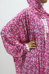 Pink candy lace trim floral prayer dress with attached hijab, front view