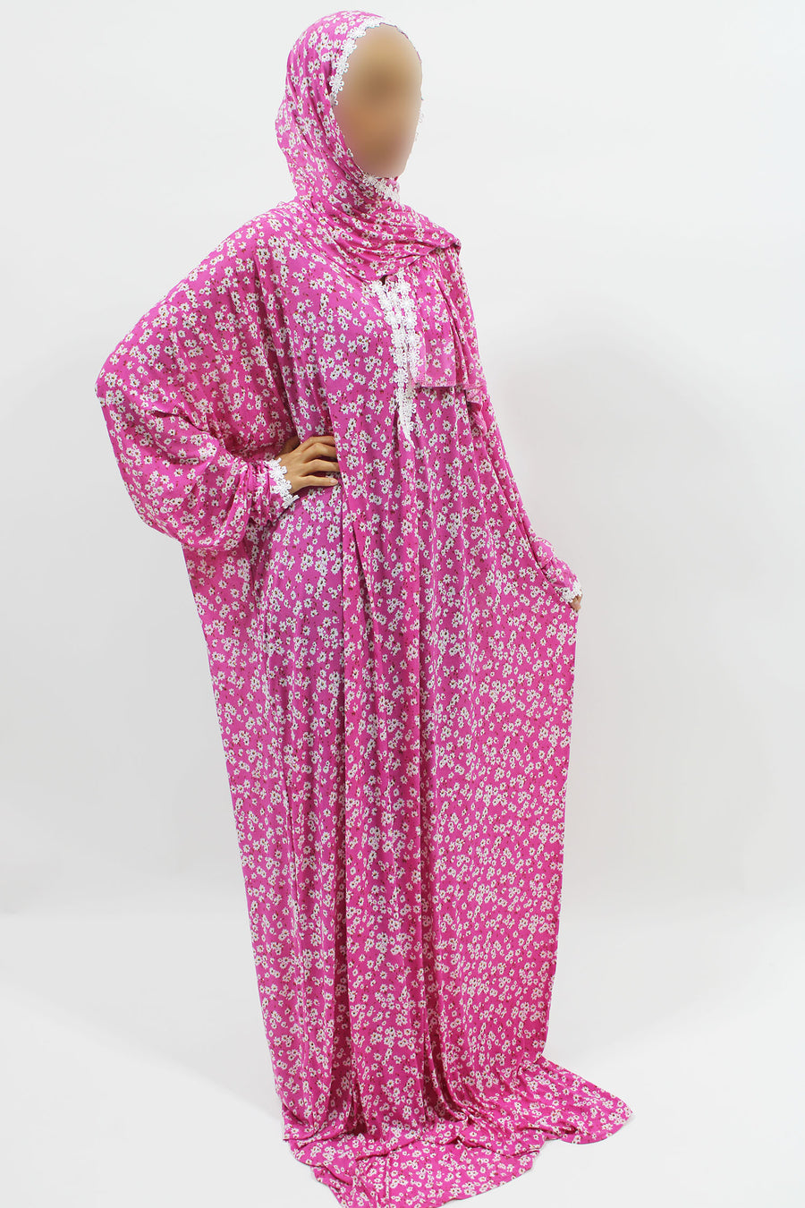Pink candy floral prayer dress showing the lace trim detail