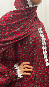Red lace trim floral prayer dress with attached hijab, front view