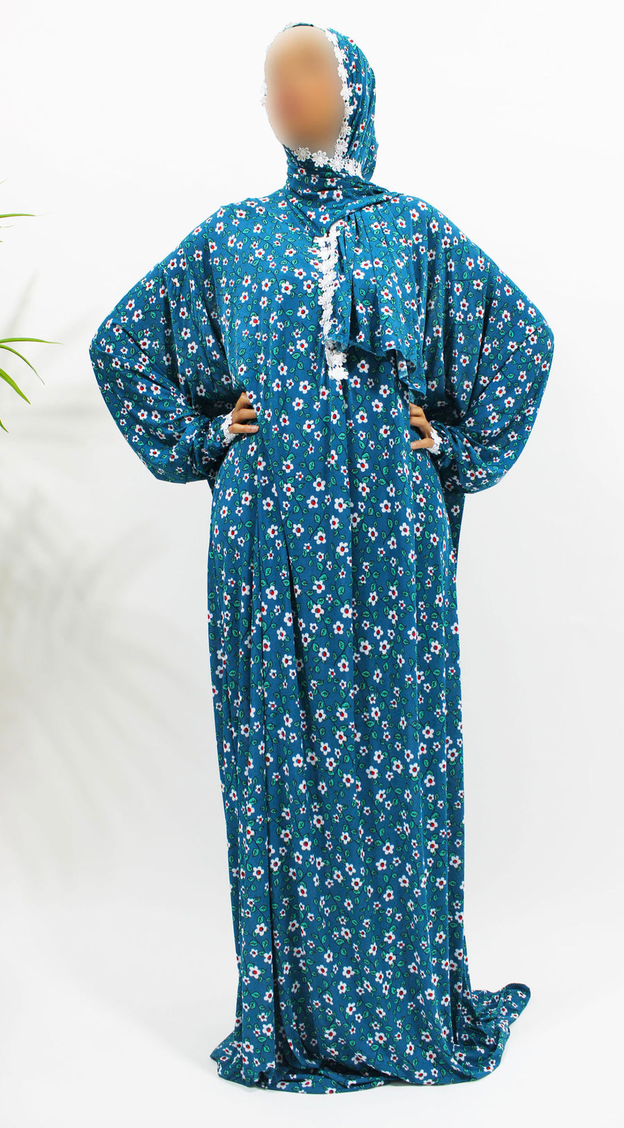 Yale blue floral prayer dress showing the lace trim detail