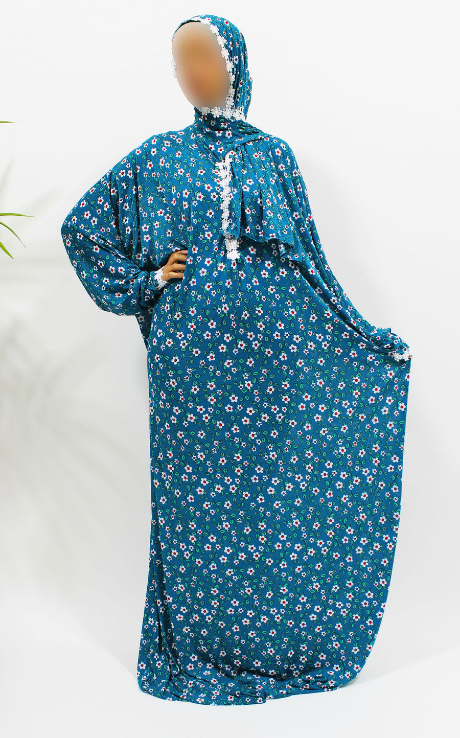 Yale blue floral prayer dress showing the attached hijab and full length