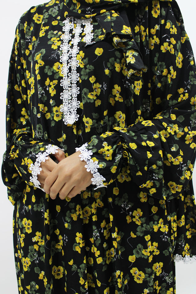 Yellow floral lace trim prayer dress with attached hijab, front view