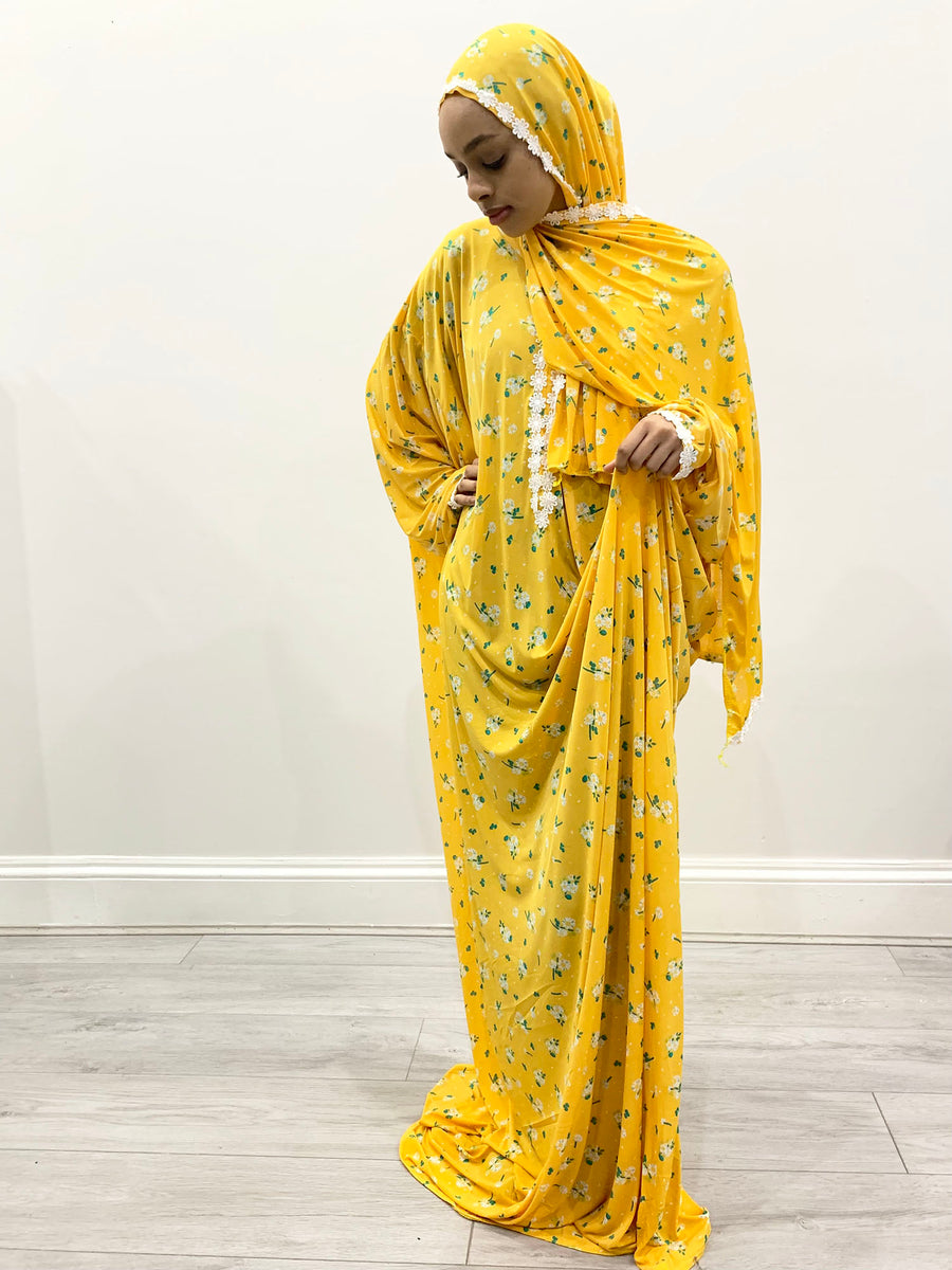 Tuscany yellow floral jersey prayer dress, full-length view