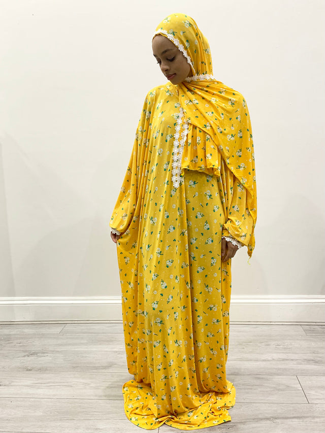 Tuscany yellow floral prayer dress with attached scarf, front view