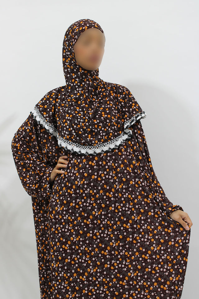 Chocolate floral slip-on jersey prayer dress with attached hijab, front view
