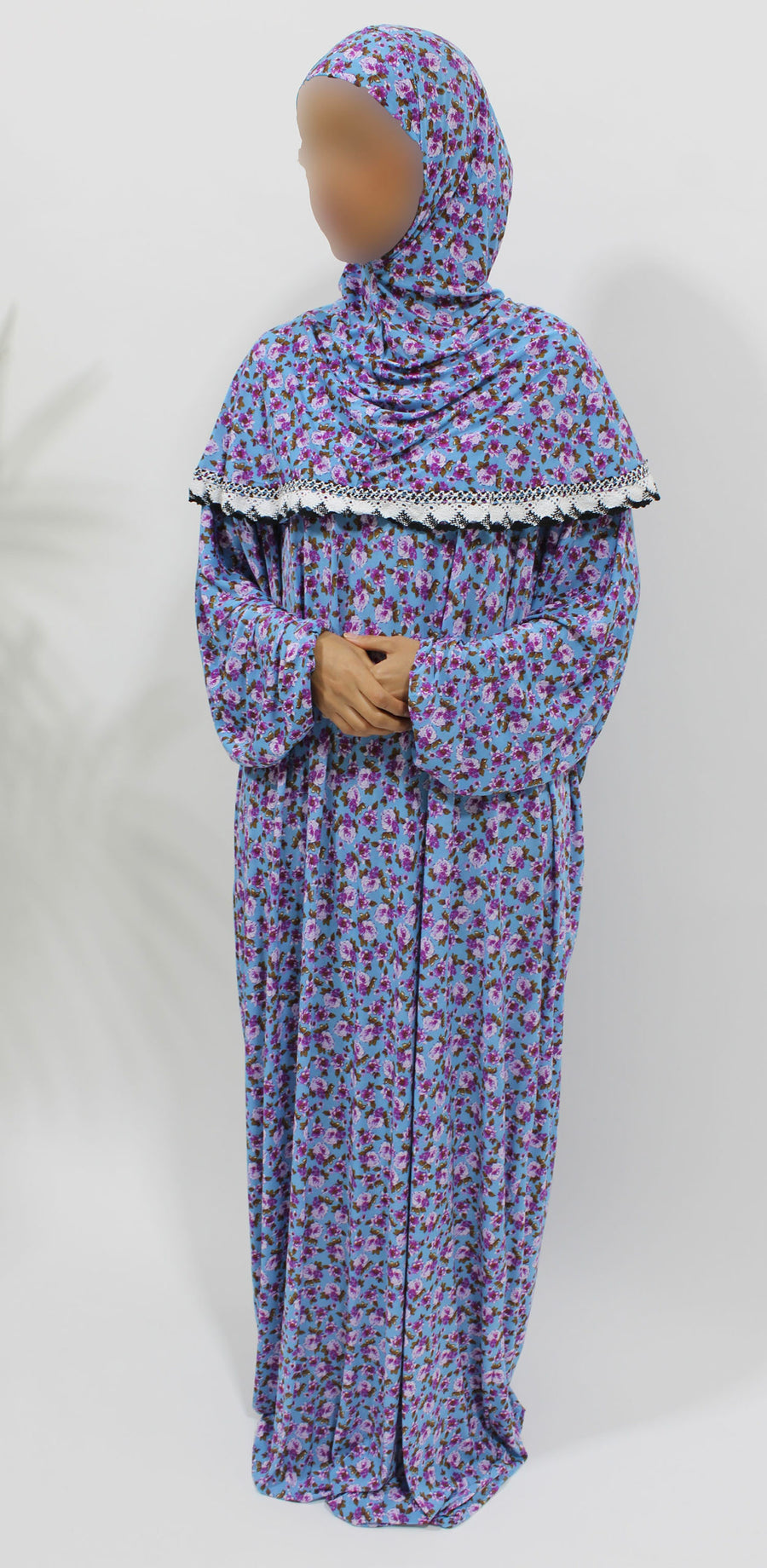 Light blue floral jersey prayer dress, full-length view