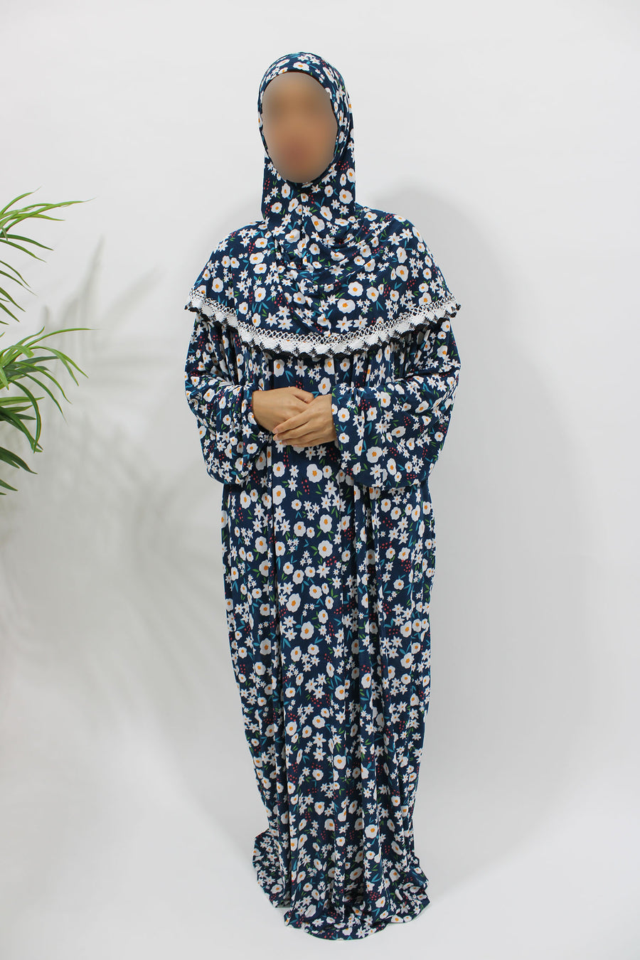Navy floral jersey prayer dress, full-length view