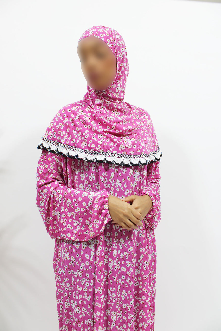 Pink candy floral slip-on jersey prayer dress with attached hijab, front view