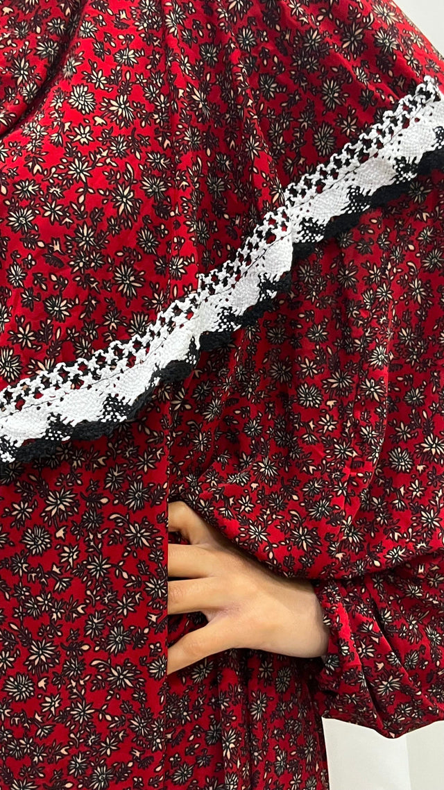 Red floral slip-on jersey prayer dress with attached hijab, front view
