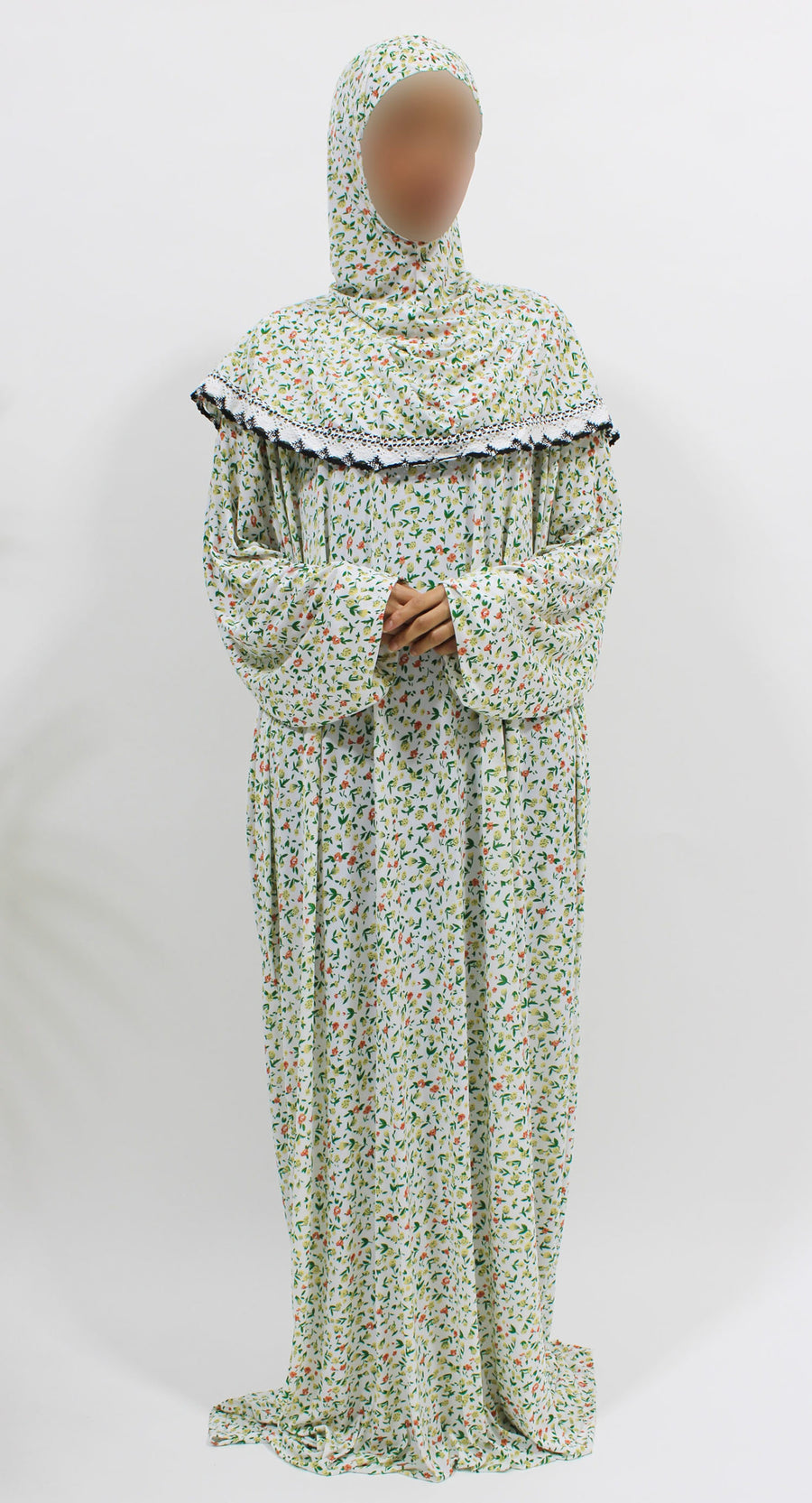 White floral jersey prayer dress, full-length view