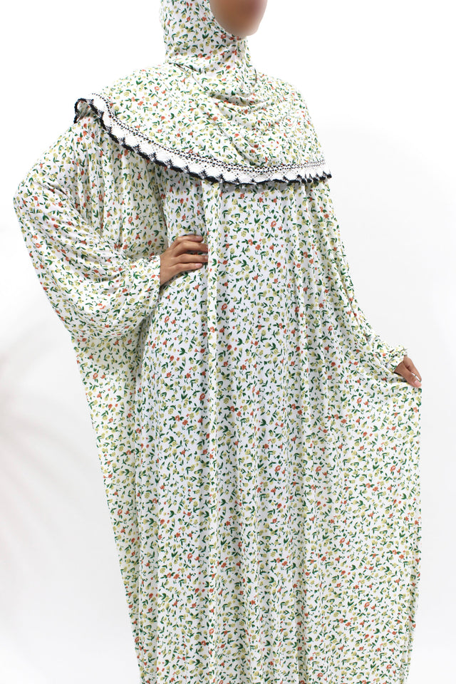 White floral slip-on jersey prayer dress with attached hijab, front view