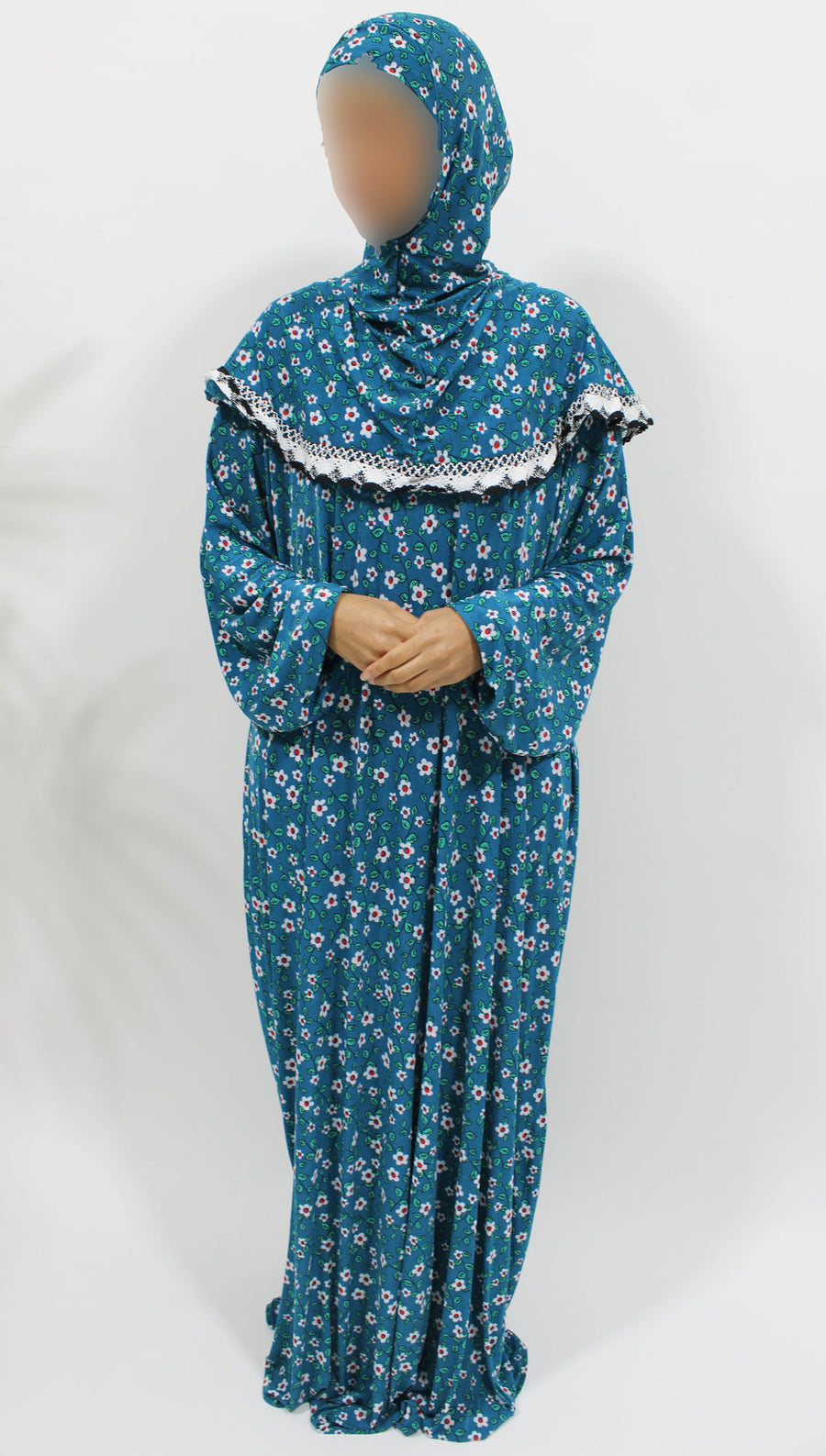 Yale blue floral jersey prayer dress showing the attached hijab