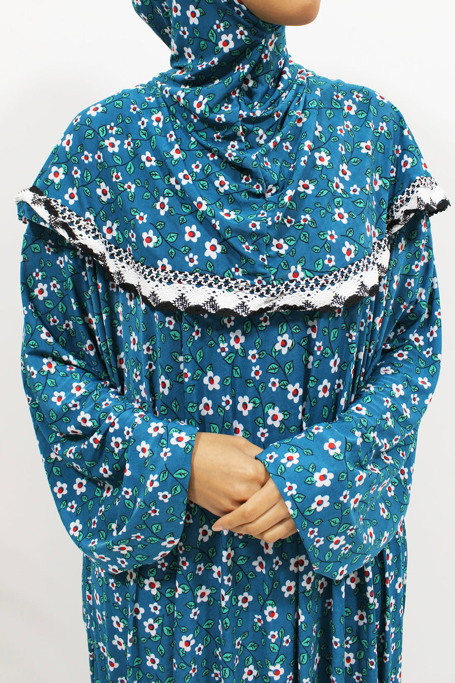 Yale blue floral slip-on jersey prayer dress with attached hijab, front view