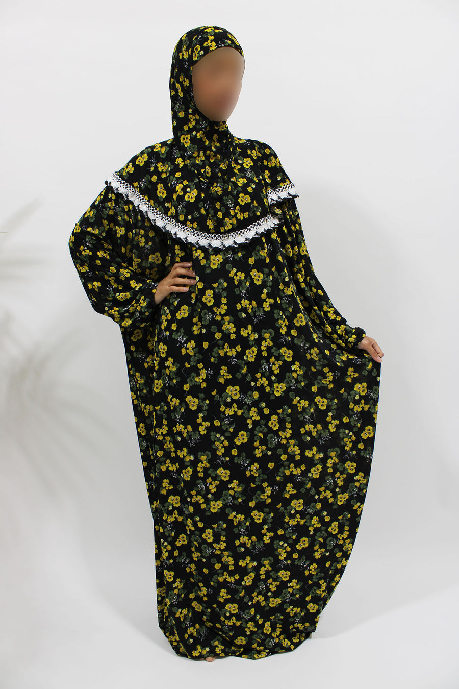 Yellow floral jersey prayer dress, full-length view