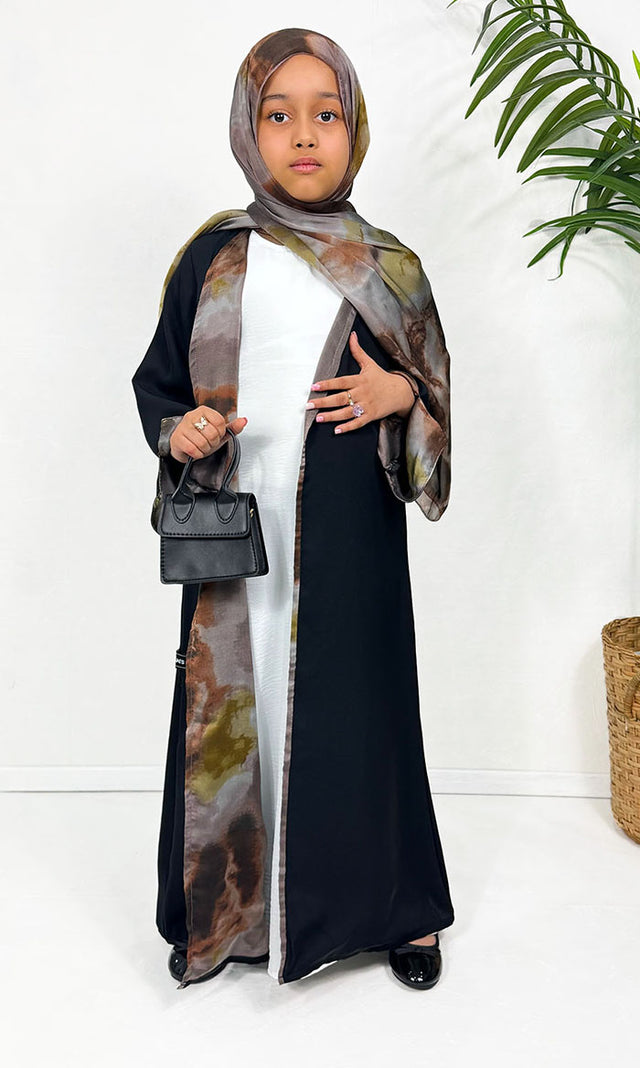 Girls' black open abaya with blend-of-browns satin chiffon lining, front view