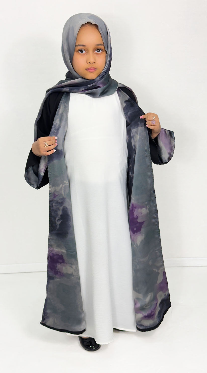 Girls' grey lined open abaya with matching scarf