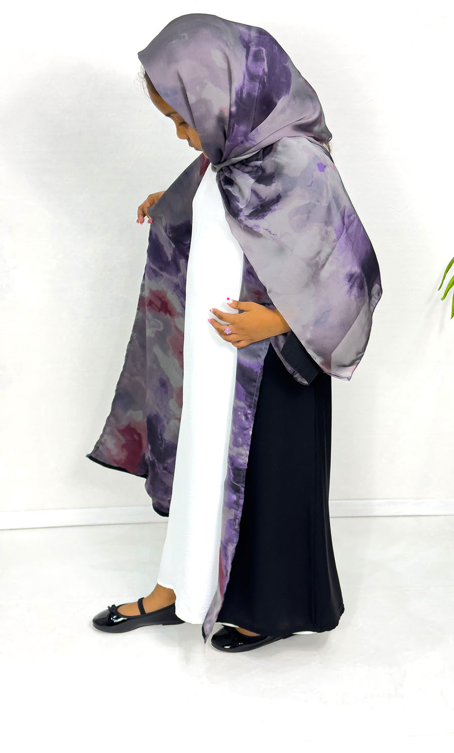 Girls' black open abaya with purple satin chiffon lining, front view