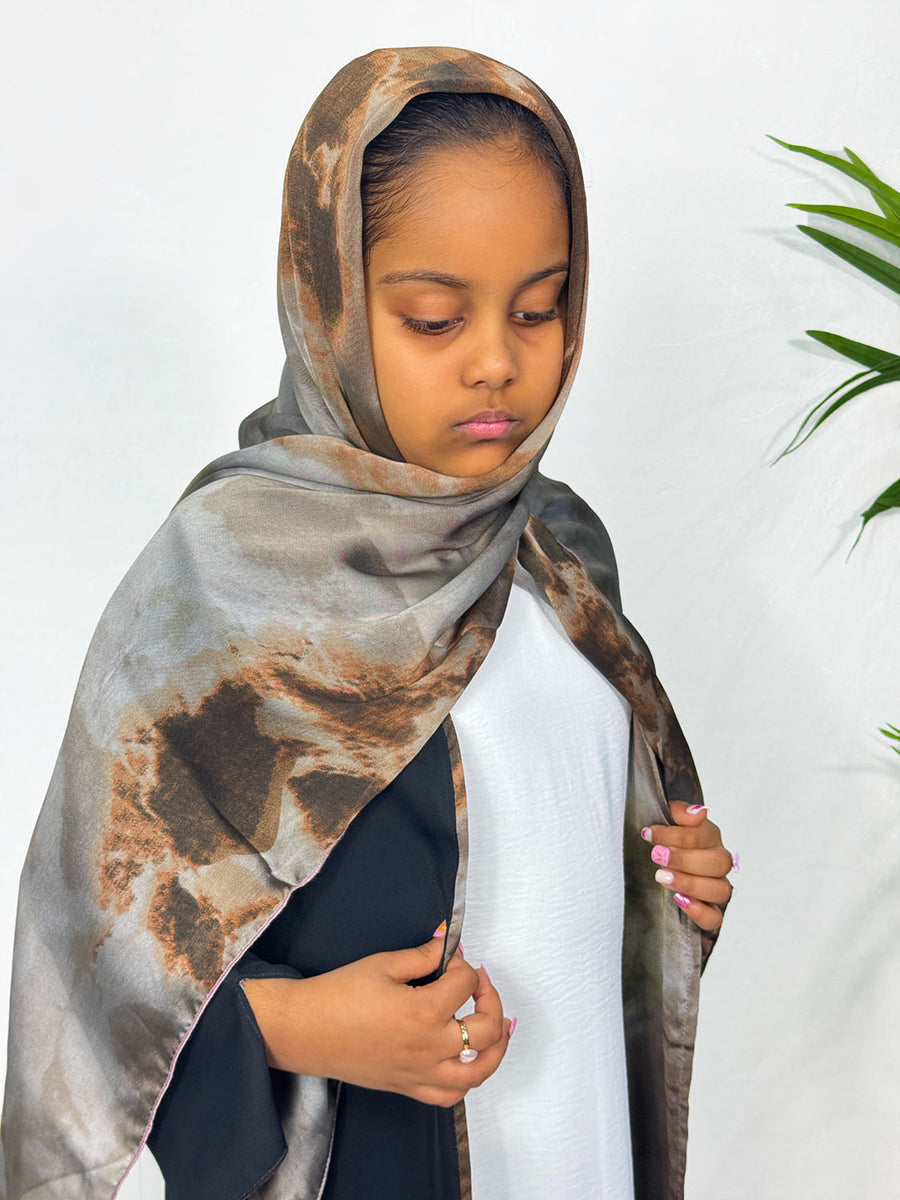 Girls' taupe lined open abaya with matching satin chiffon scarf