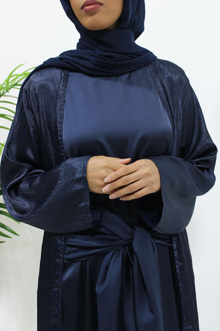 Navy blue three-piece open abaya set shown front-on with jacket, inner dress and hijab
