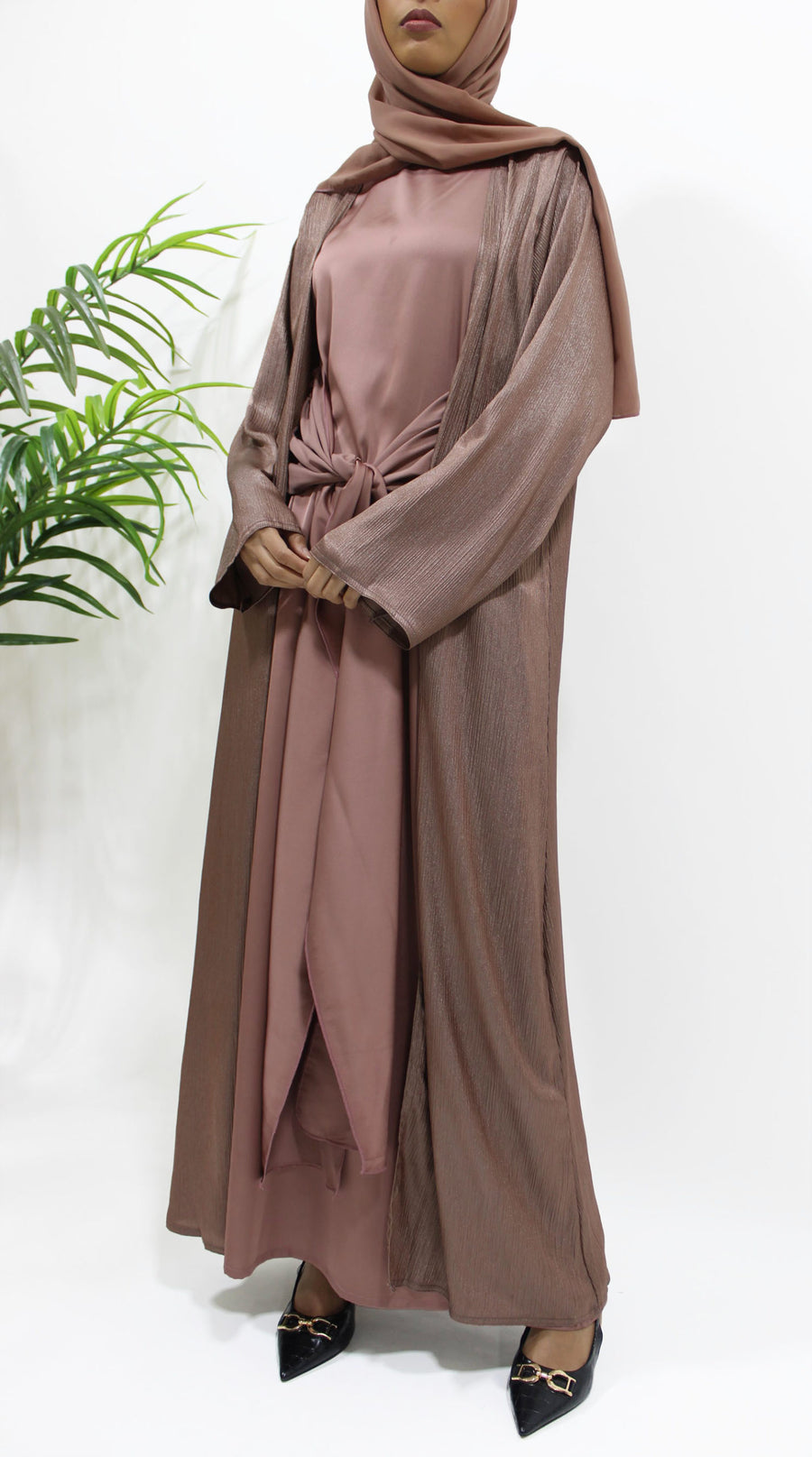 Full-length view of the rosewood shimmer open abaya set