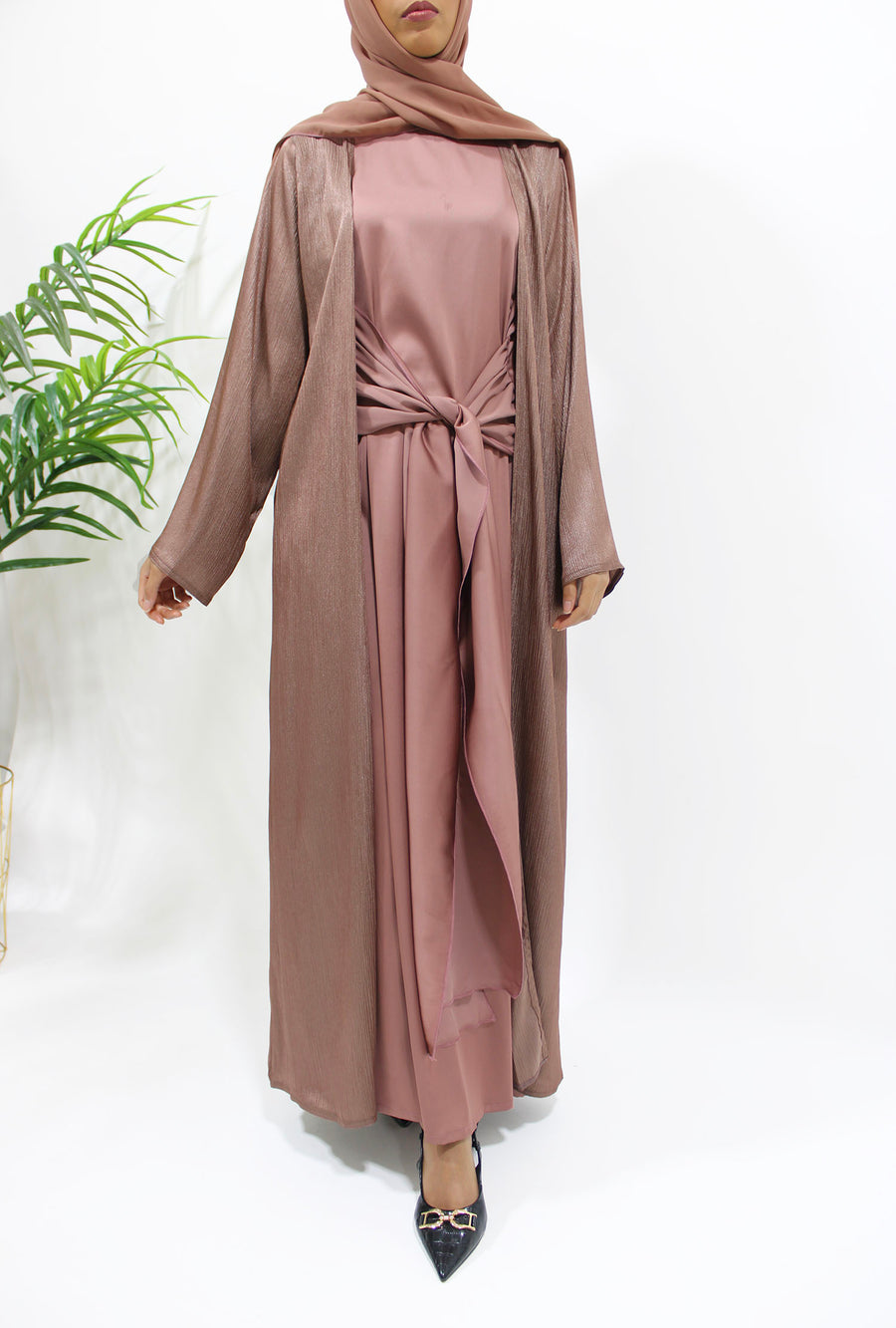 Rosewood three-piece abaya set styled with matching hijab