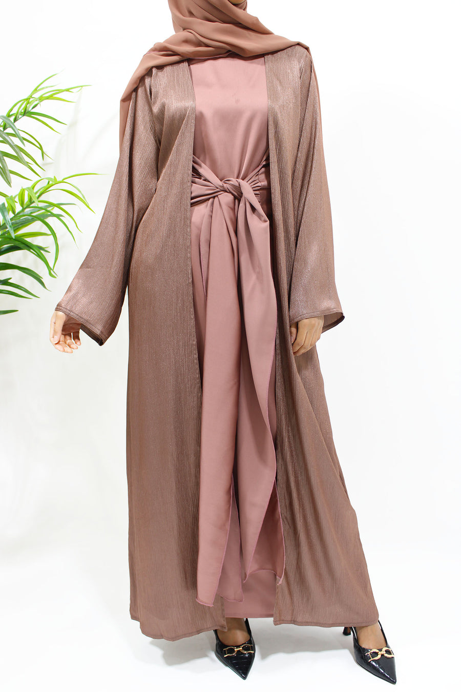 Rosewood three-piece open abaya set shown front-on with jacket, inner dress and hijab