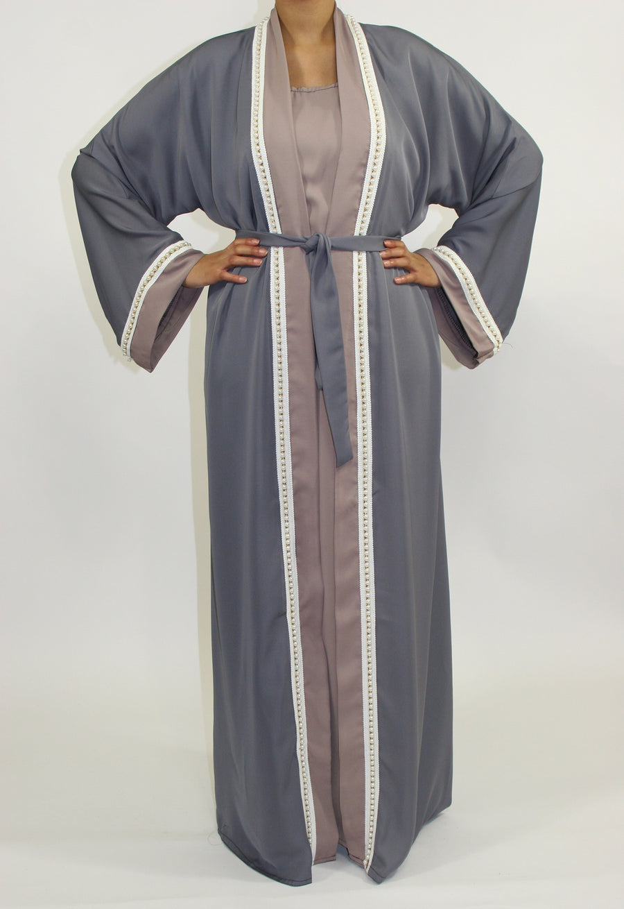 Grey open abaya showing the attached inner piece and silky drape