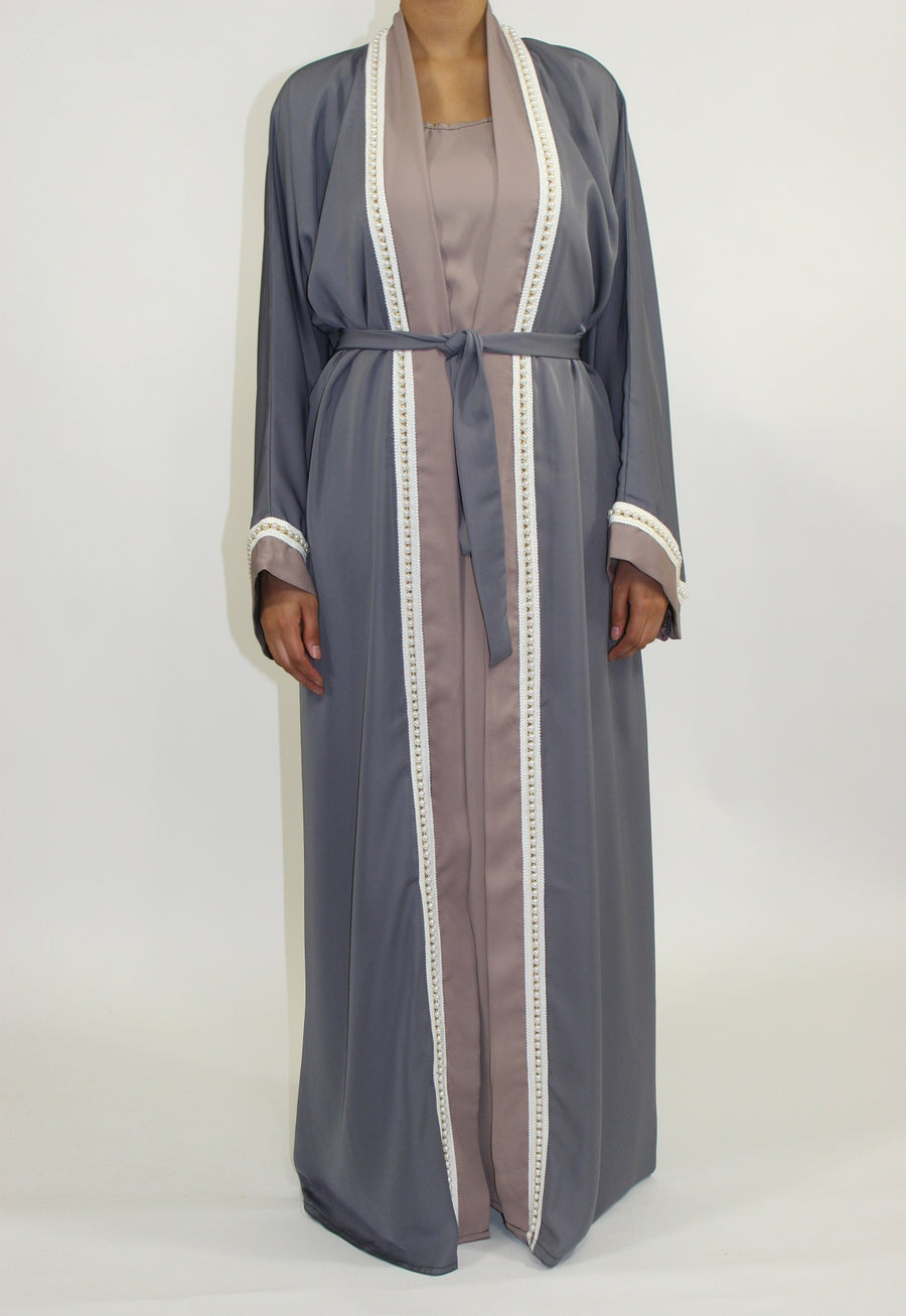 Grey two-tone open abaya with pearl detailing, front view