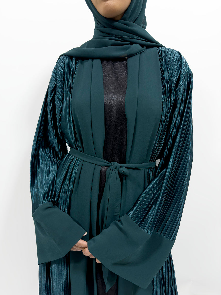 Full-length view of the green teal pleated satin open abaya with matching hijab