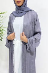Vesper violet three-piece open abaya set with white inner dress and matching hijab