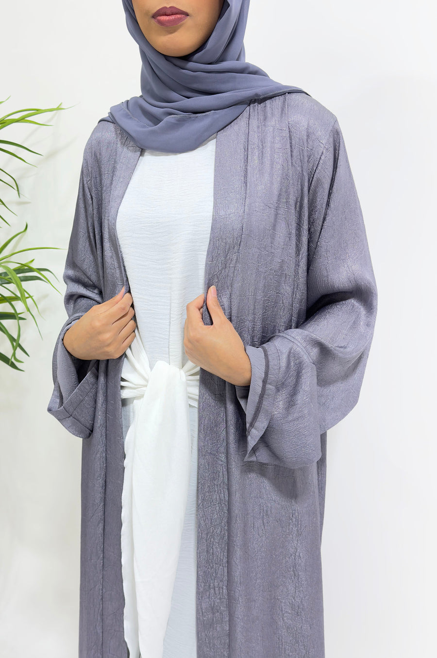 Vesper violet three-piece open abaya set with white inner dress and matching hijab