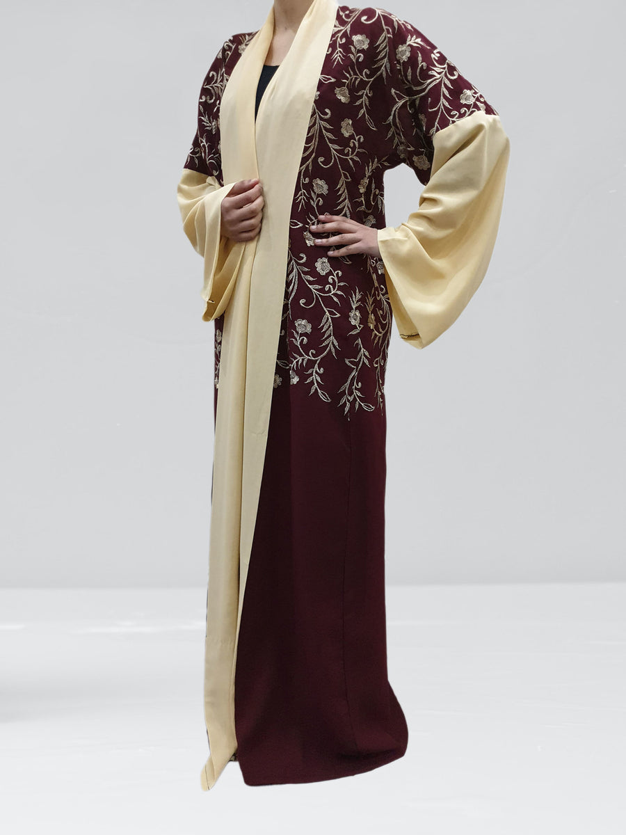 Reem burgundy and gold embroidered open abaya front view