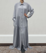 Amani's silver grey shirt dress with front pockets front view
