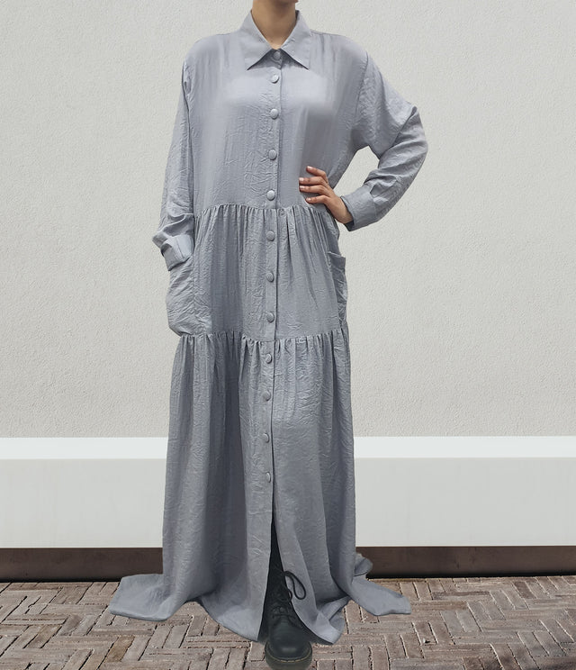 Amani's silver grey shirt dress with front pockets front view