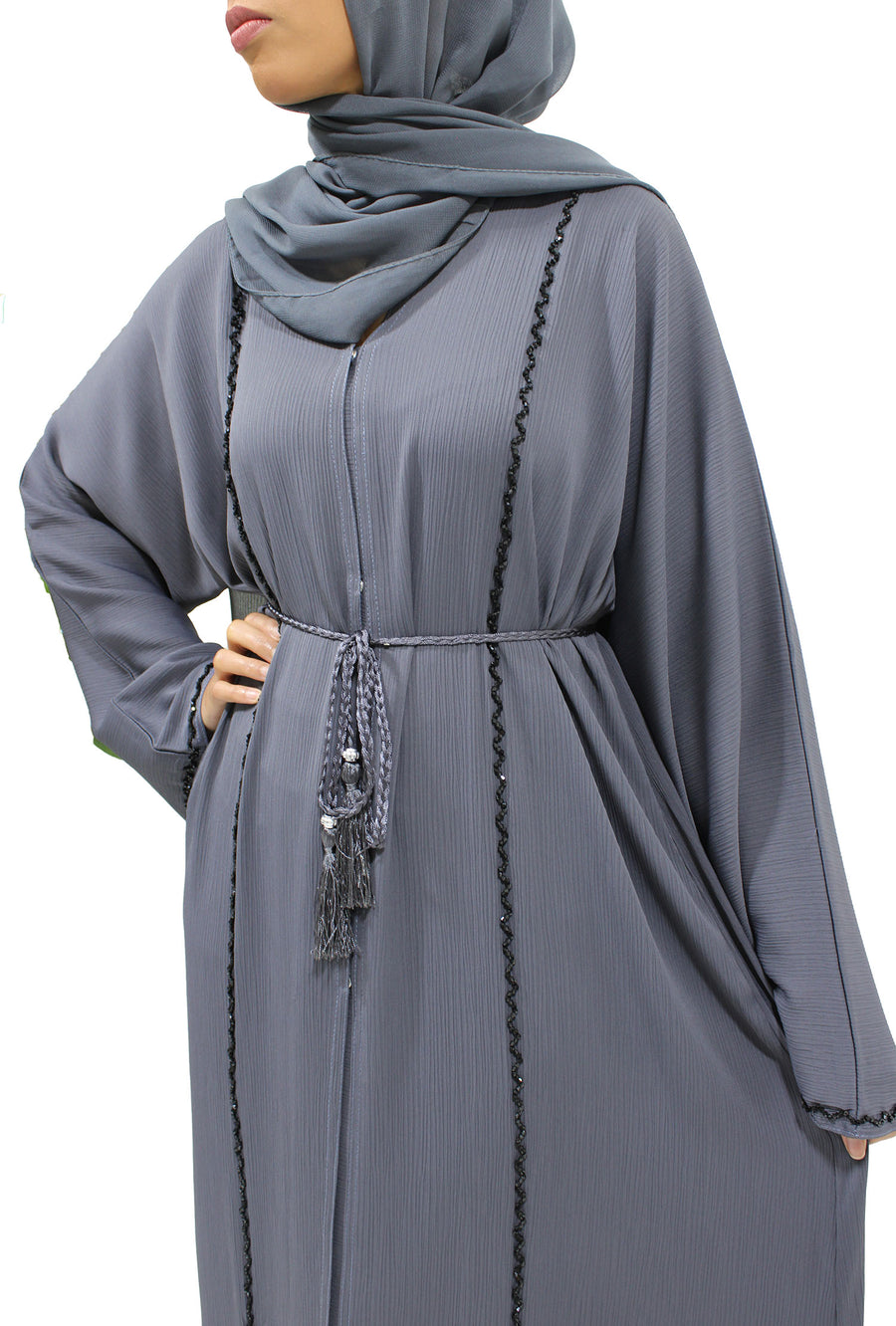 Slate grey open abaya belted at the waist for a defined shape