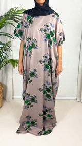Light taupe floral cotton baati maxi dress, full-length front view