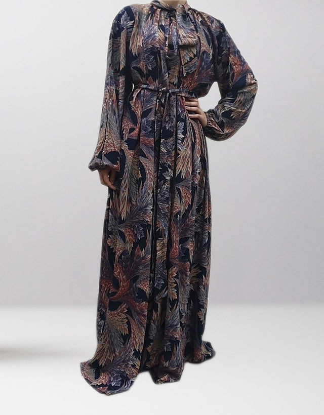 Amani's brown floral bow tie umbrella-cut maxi dress front view