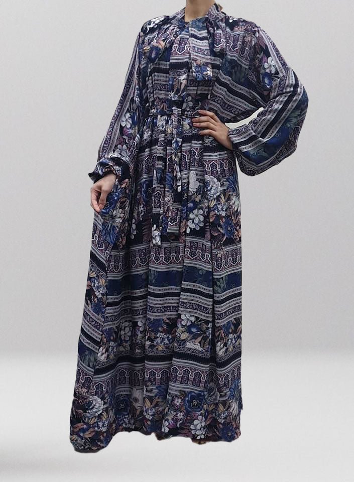 Blue printed cotton bow-tie maxi dress with belt, full-length front view