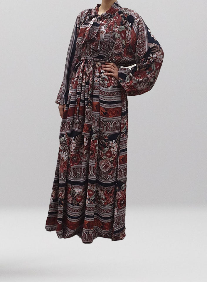 Brown printed cotton bow-tie maxi dress with belt, full-length front view