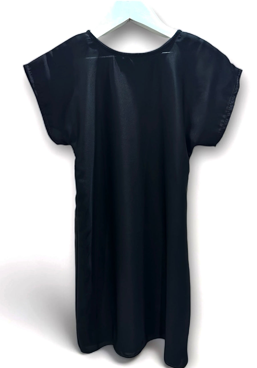 Full set view of Amani's toddler gold embellished abaya, inner dress and belt