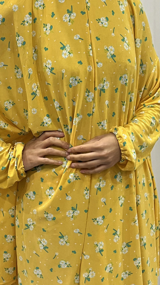 Bright yellow floral two-piece prayer set, front view