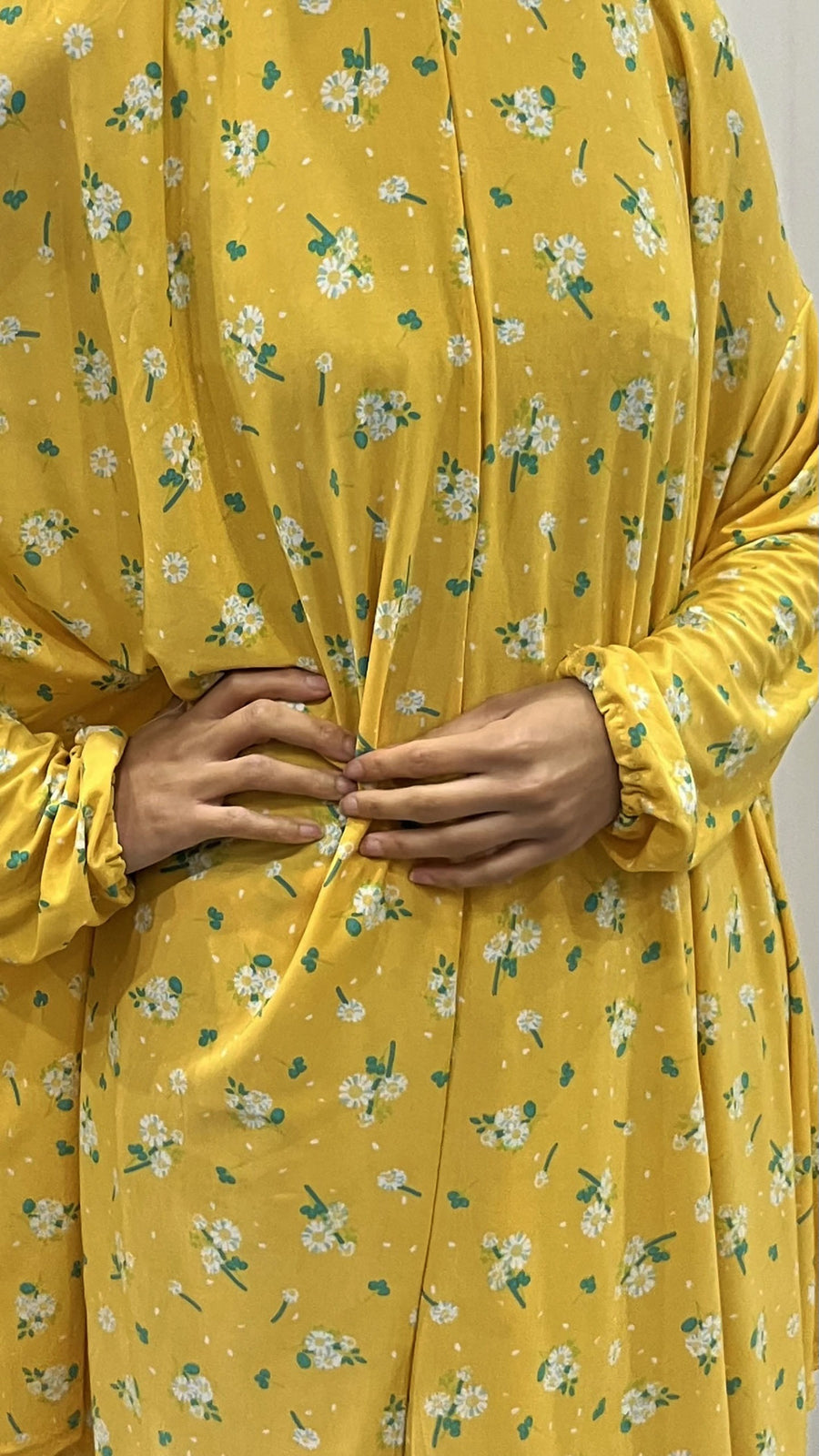 Bright yellow floral two-piece prayer set, front view